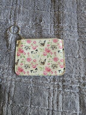 Floral Cat Print Zip Card Wallet Keychain - Pink & White